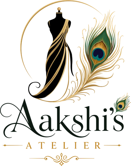 The Aakshi's Atelier logo: a draped dress form and a peacock feather above the wordmark