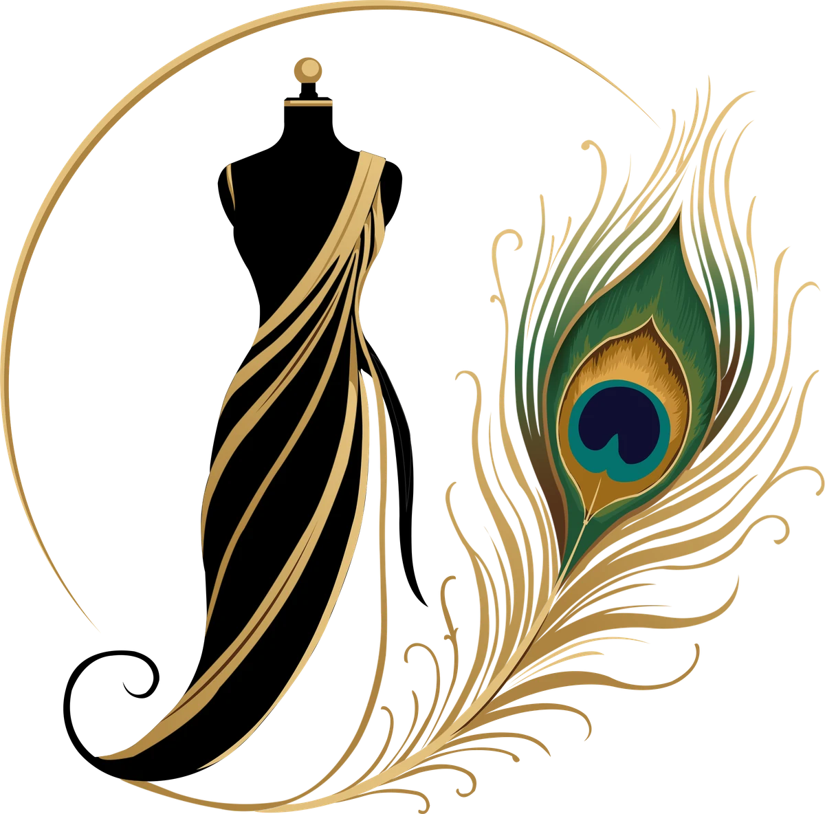Aakshi's Atelier emblem: a dress form draped in a black and gold saree beside a peacock feather